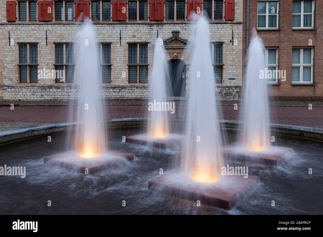Four illuminated fountains in medieval city Middelburg, The Netherlands Stock Photo Alamy