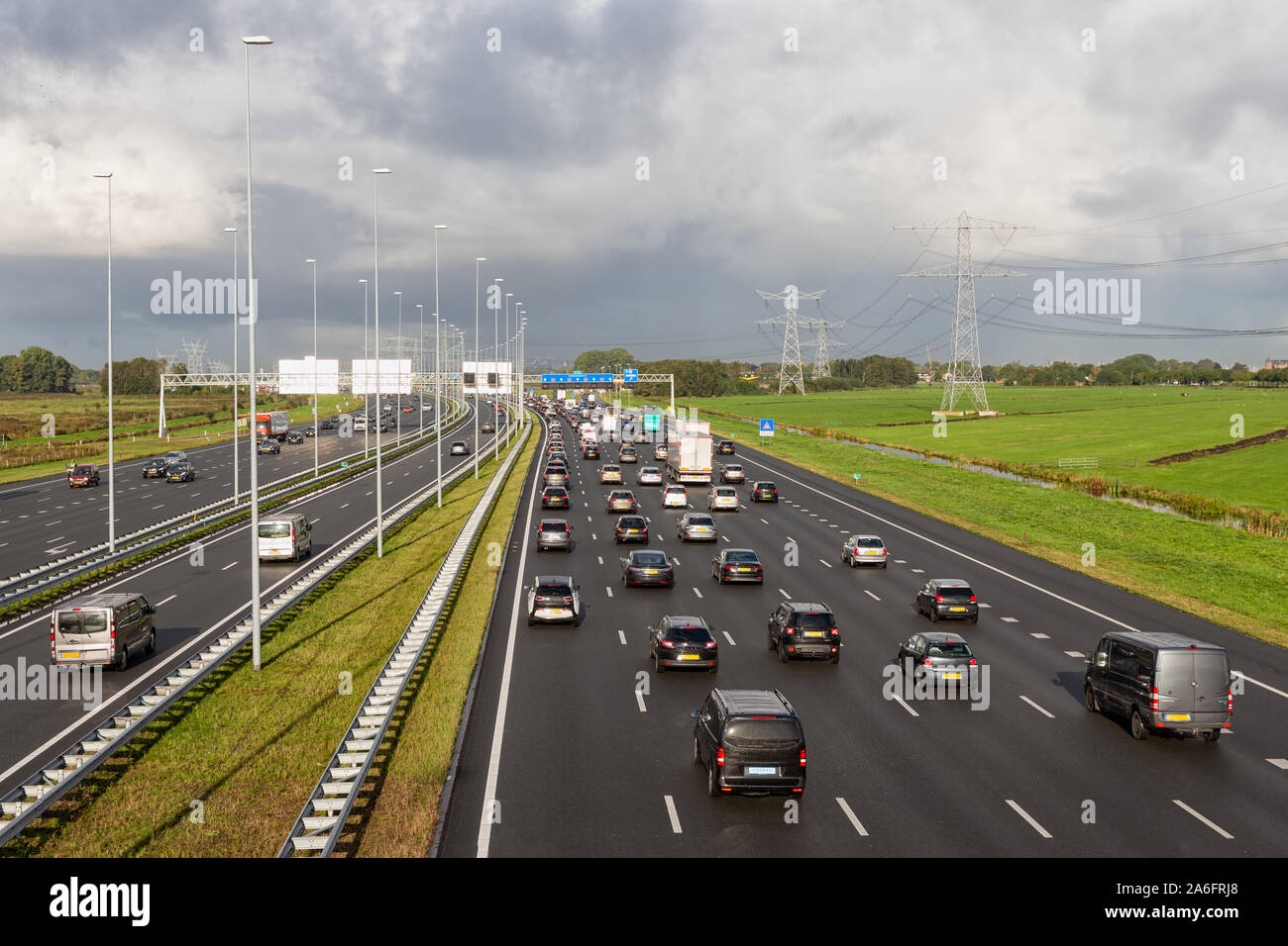 Dutch motorway A1 near Amsterdam with fourteen driving lanes Stock