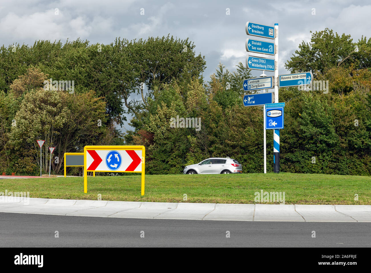 Roundabout with traffic signs near Dutch city Terneuzen Stock Photo