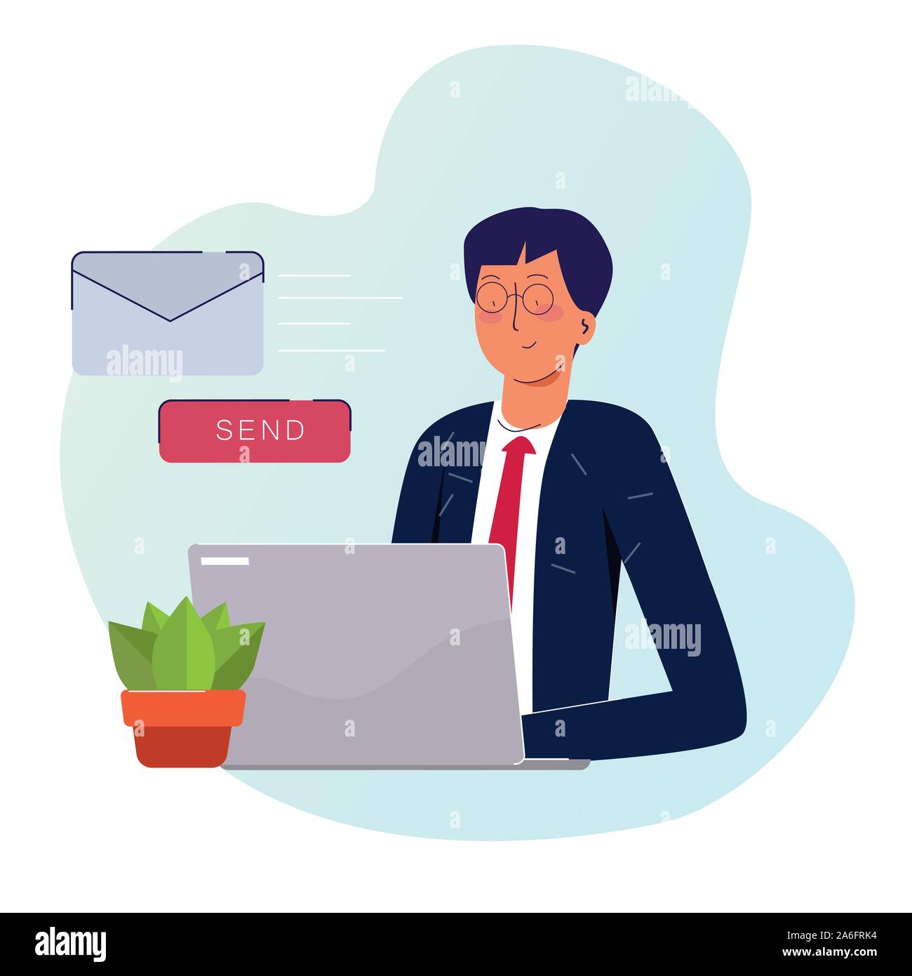 Businessman send email. Email marketing corporate communication letter modern company employee on laptop manage inbox electronic mail. Stock Vector