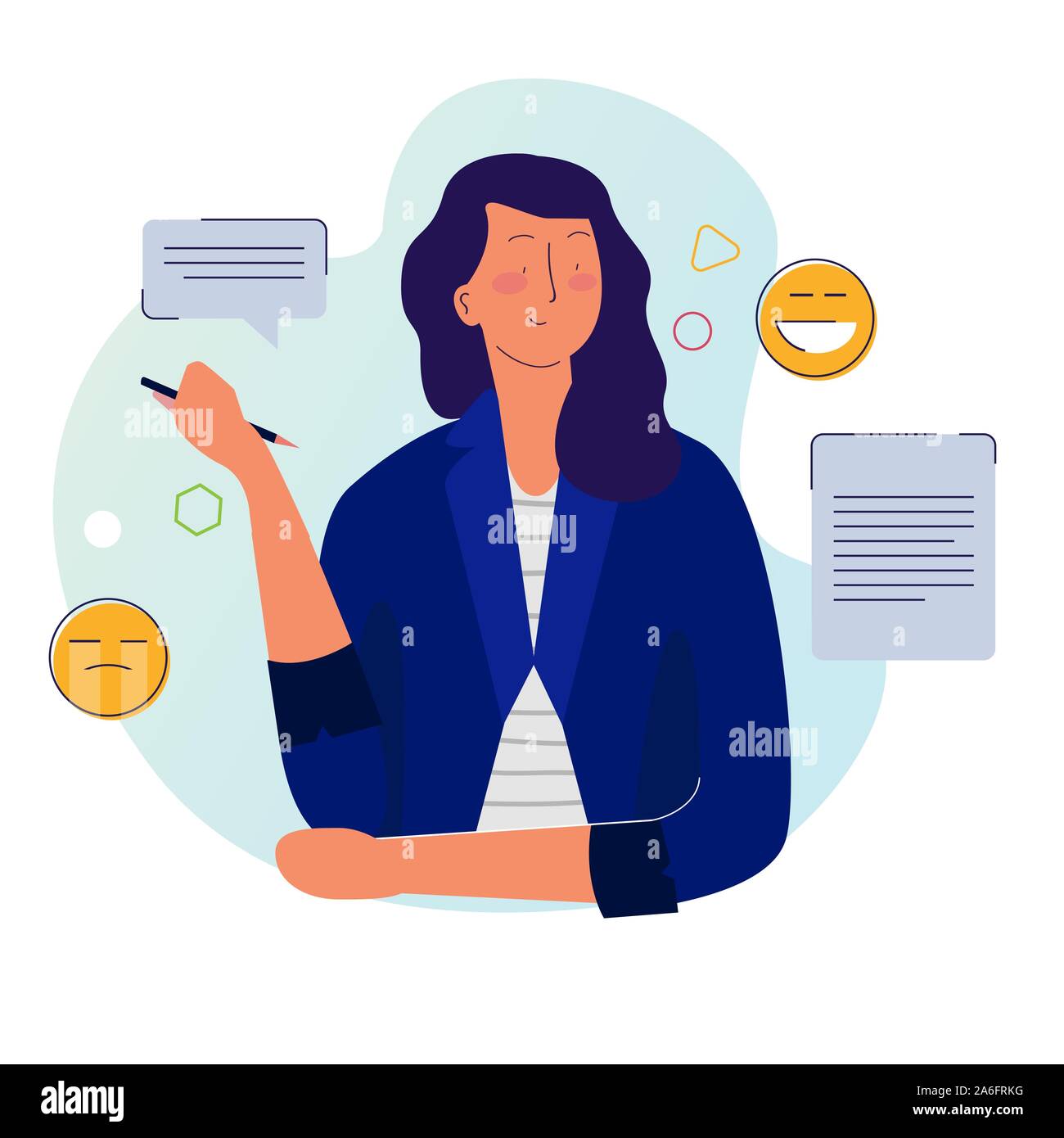 Storyteller woman with pen writing on paper with smiley emoticon. Story content essay journalism. Journalist editor making jokes. Stock Vector