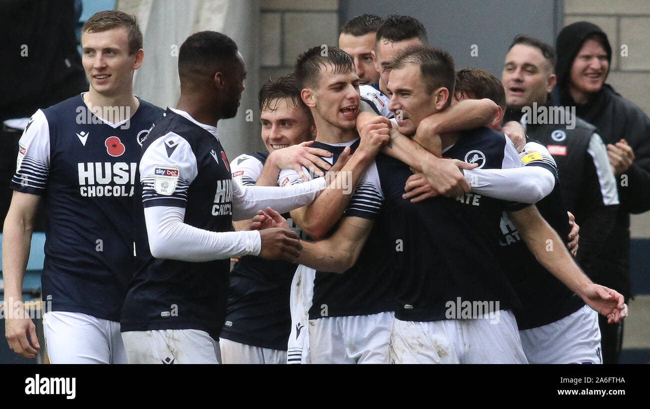 London, UK. 26th Oct, 2019. LONDON UNITED KINGDOM. OCTOBER 26 The Millwall team celebrating their second goal during English Sky Bet Championship between Millwall and Stoke City at The Den, London, England on 26 October 2019 Credit: Action Foto Sport/Alamy Live News Stock Photo