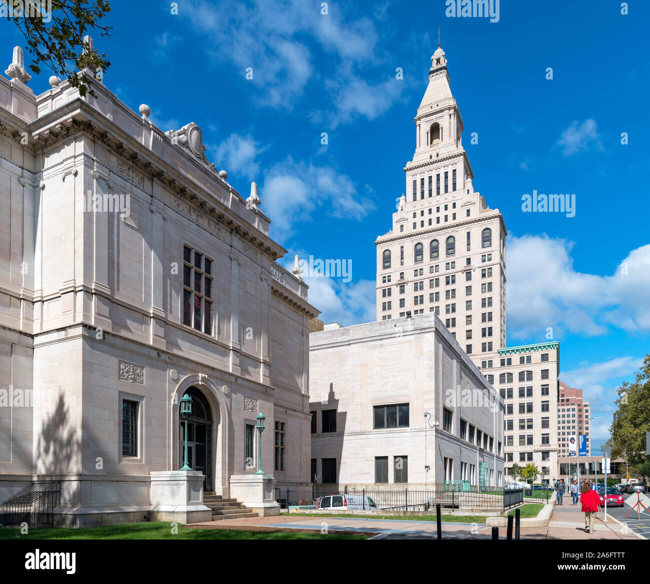 The Wadsworth Atheneum art museum looking towards the Travelers Tower on Prospect Street in downtown Hartford, Connecticut, USA Stock Photo