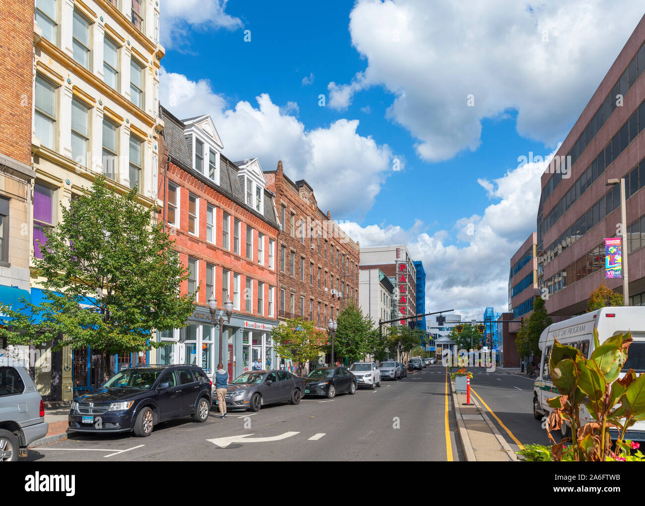 Atlantic Street in downtown Stamford, Connecticut, USA Stock Photo