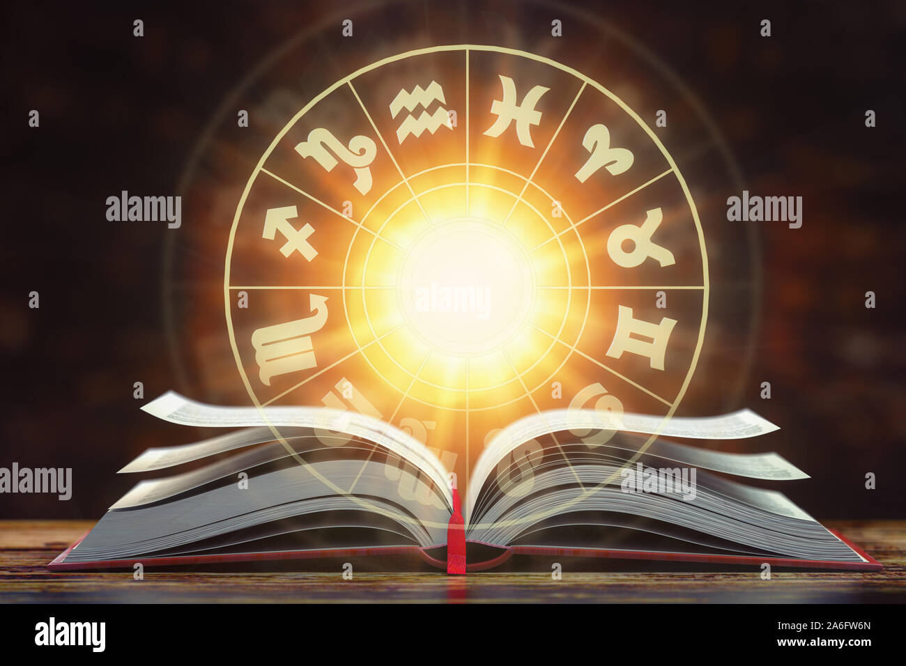 Astrology horoscope concept. Opened  book with magic zodiac signs and symbols. 3d illustration Stock Photo