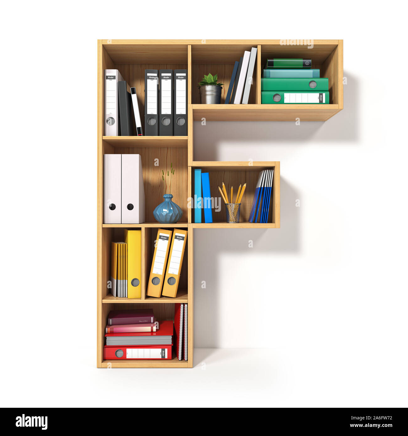 Letter F. Alphabet in the form of shelves with file folder, binders and books isolated on white. Archival, stacks of documents at the office or librar Stock Photo