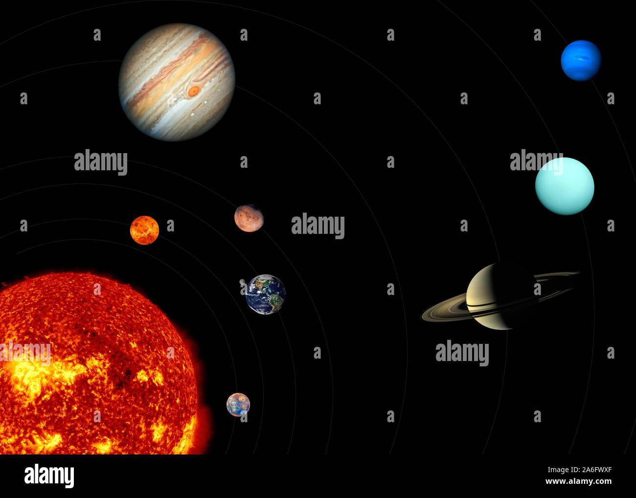 Solar System with sun and planets in orbit on black.  Planetary photos courtesy of NASA. Stock Photo