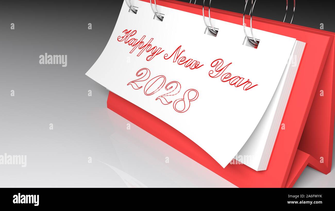 Message holder on a desk, with the write Happy New Year 2028 - 3D rendering illustration Stock Photo