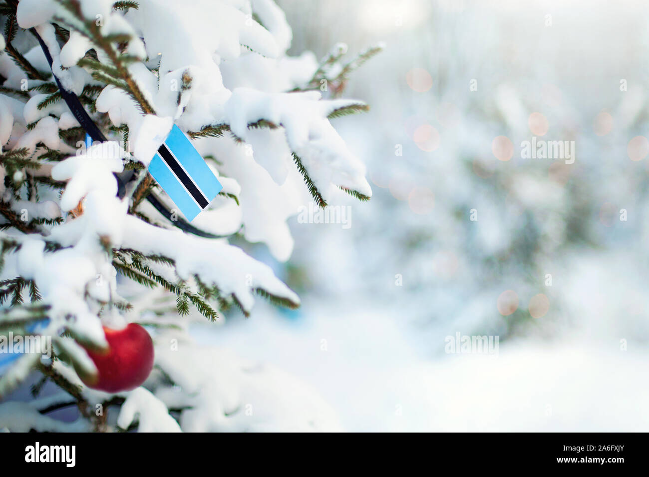 Christmas Botswana. Xmas tree covered with snow, decorations and a flag