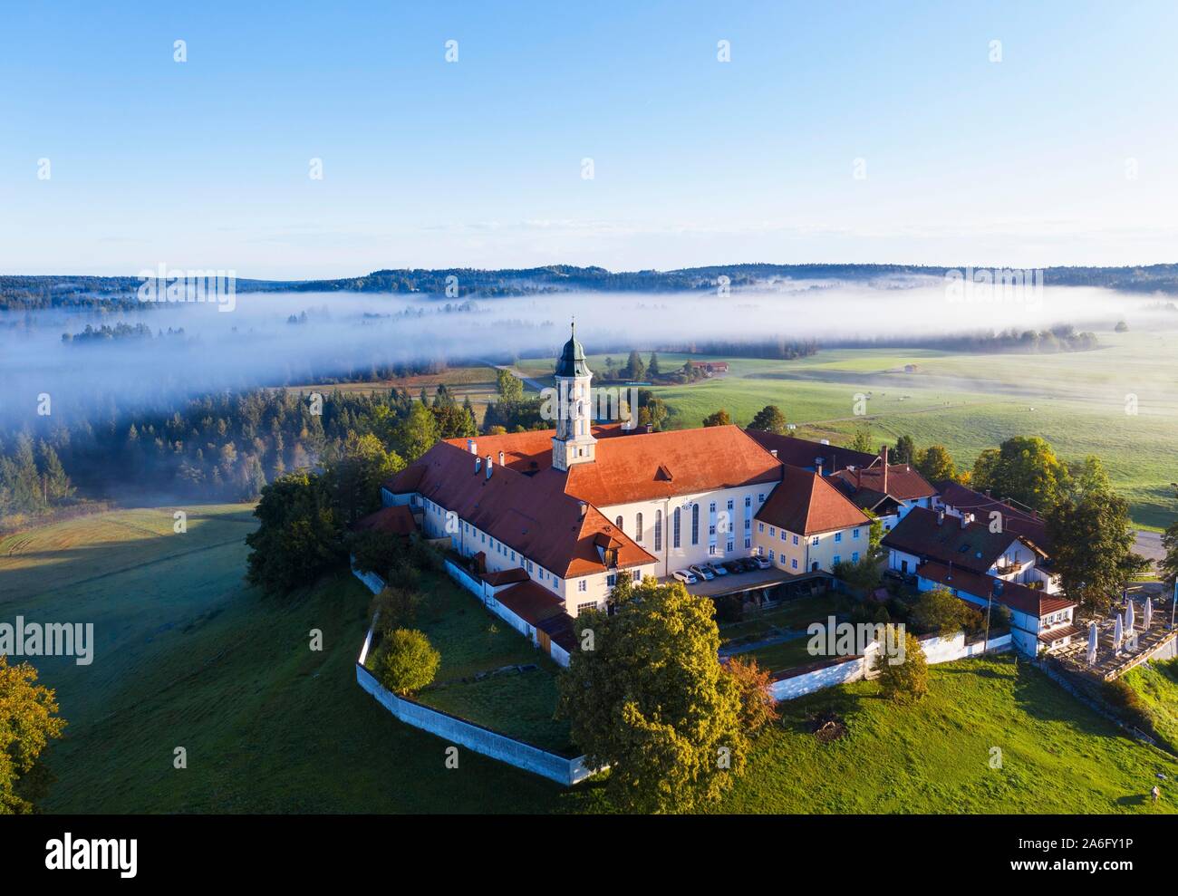 Reutberg Monastery, Sachsenkam, Tolzer Land, aerial view, foothills of the Alps, Upper Bavaria, Bavaria, Germany Stock Photo