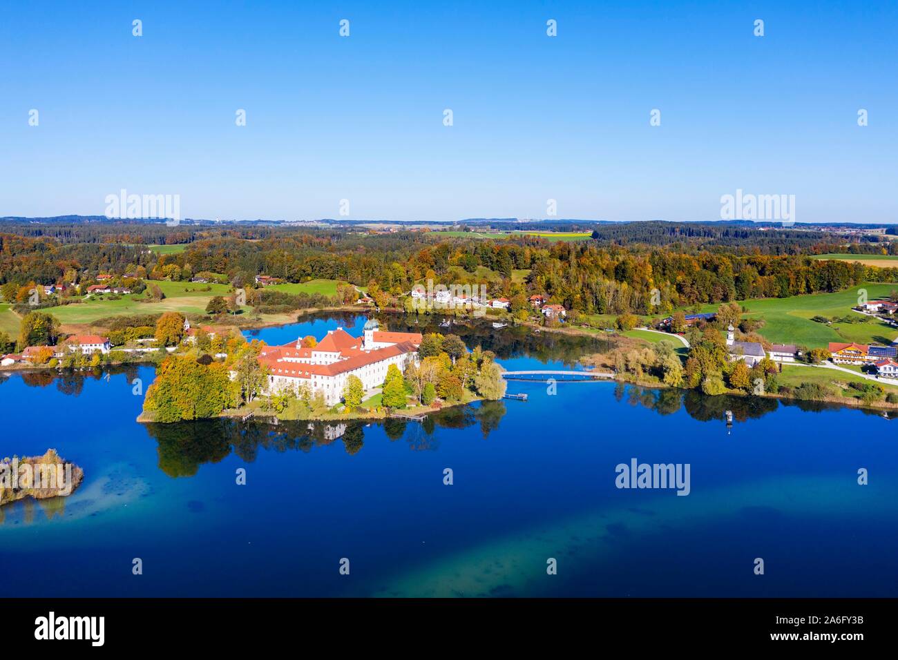 Seeon Monastery, Klostersee, Seeon-Seebruck, Chiemgau, aerial view, Upper Bavaria, Bavaria, Germany Stock Photo