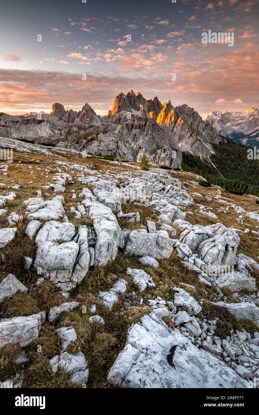 The jagged peaks of Cadini di Misurina in the morning mood, Sesto Dolomites, South Tyrol, Alto-Adige, Italy Stock Photo