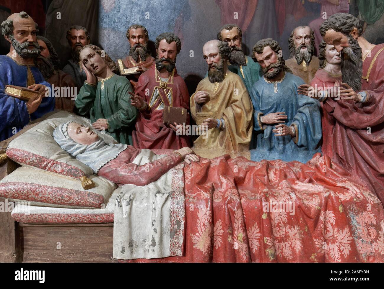 Death of Mary, the Mother of Jesus, mourned by the disciples, sculpture group, Constance Cathedral, Constance, Baden-Wurttemberg, Germany Stock Photo