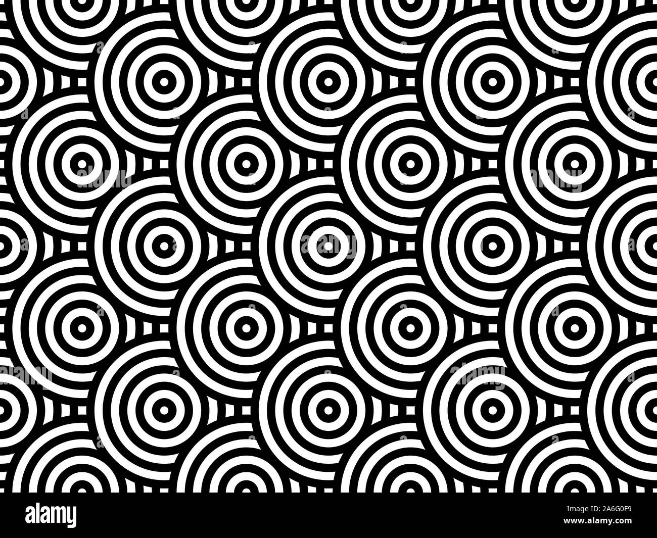 Black and white overlapping repeating circles background. Japanese style circles seamless pattern. Endless repeated texture. Modern spiral . Vector Stock Vector