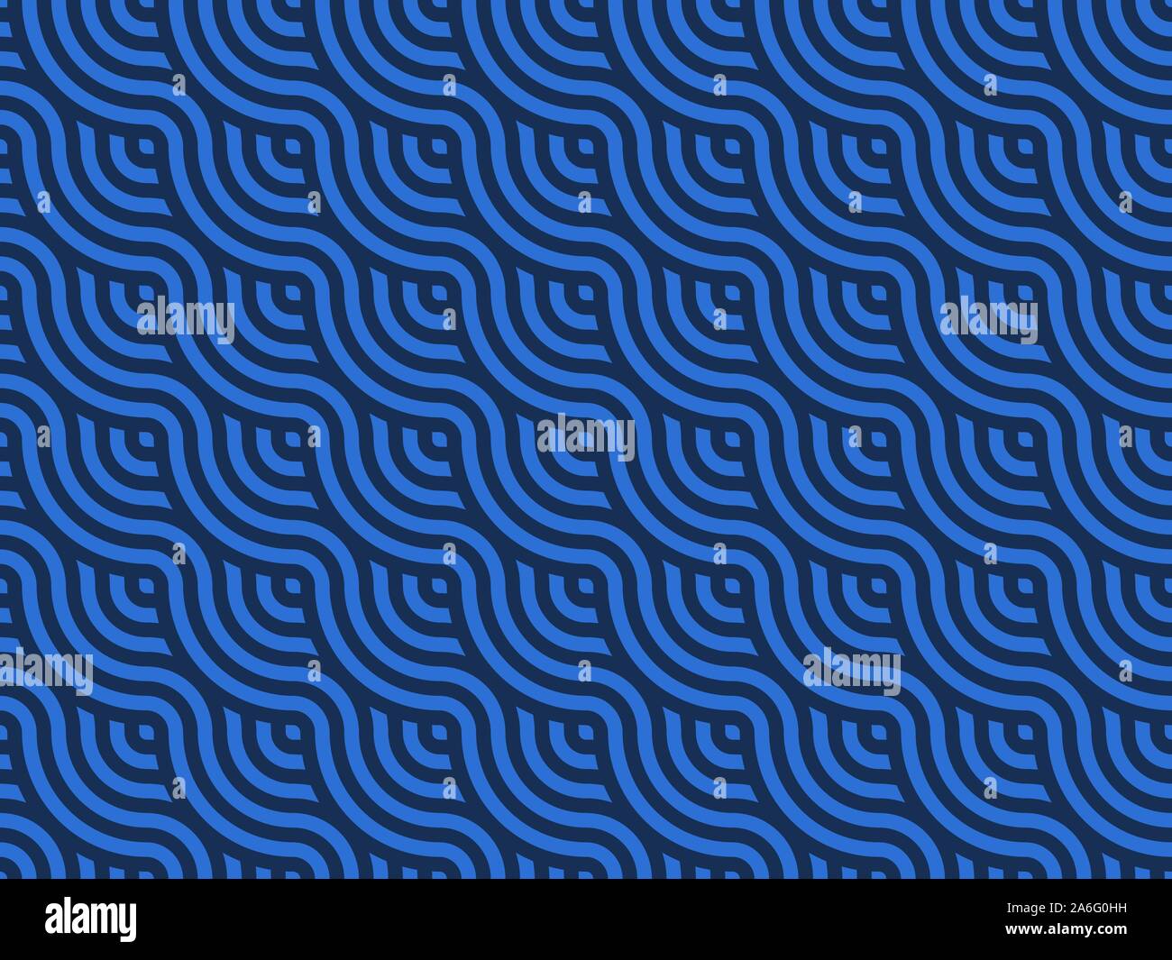 Blue wavy lines seamless pattern. Japanese style striped curly texture. Traditional abstract geometric pattern tiles. Overlapping repeating circles Stock Vector