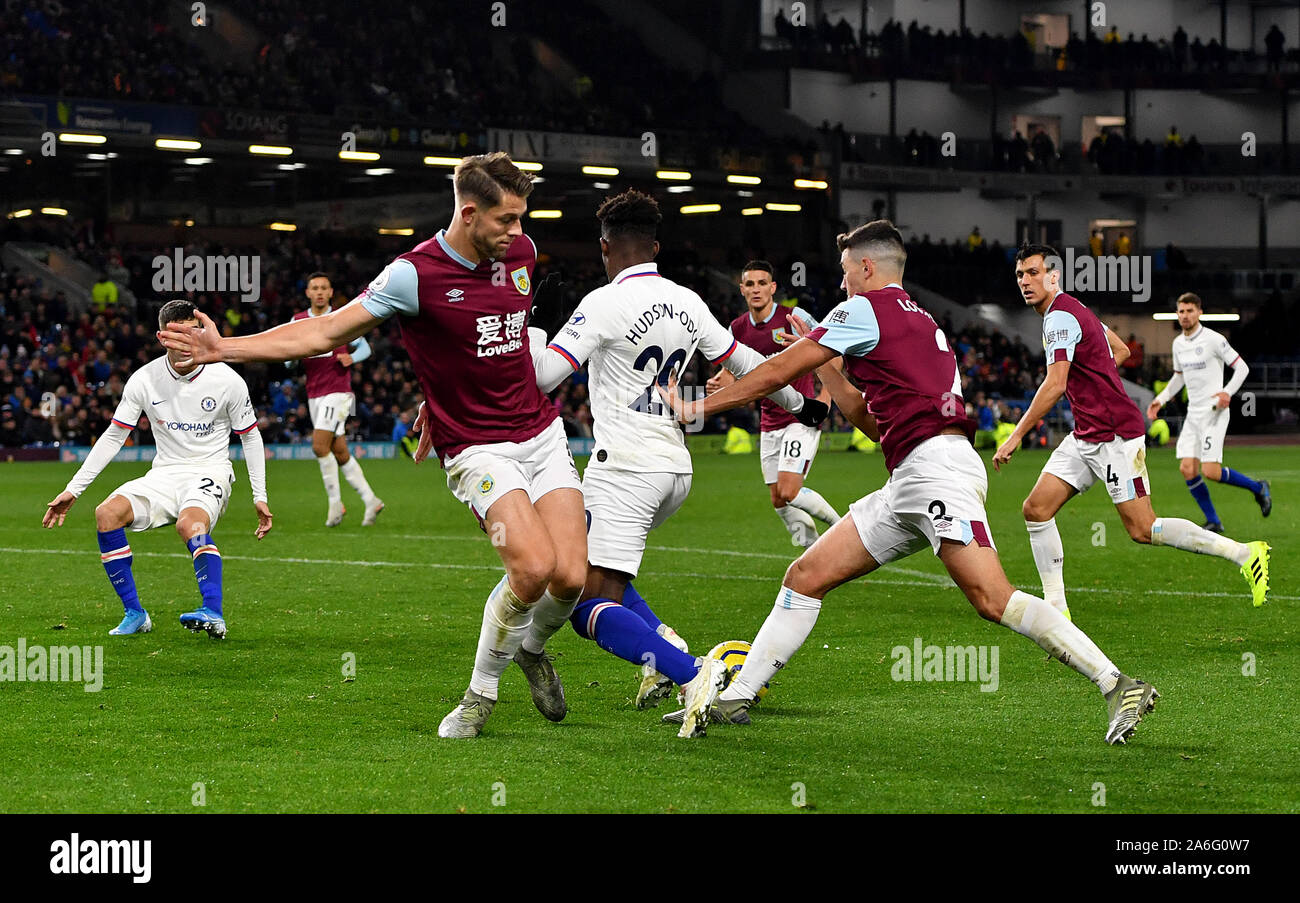Chelsea's Callum Hudson-Odoi (centre) goes down in the penalty area after an apparent foul by Burnley's James Tarkowski (left) given as a penalty by match referee Michael Oliver, which is then overturned by VAR during the Premier League match at Turf Moor, Burnley. Stock Photo