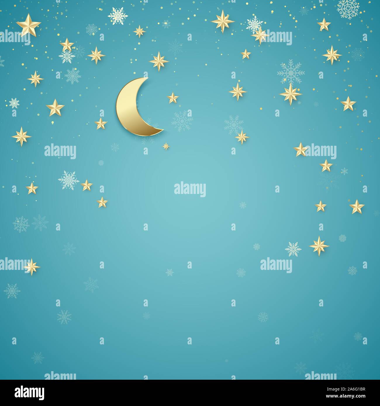 Christmas night background. Golden stars and snowflakes on blue