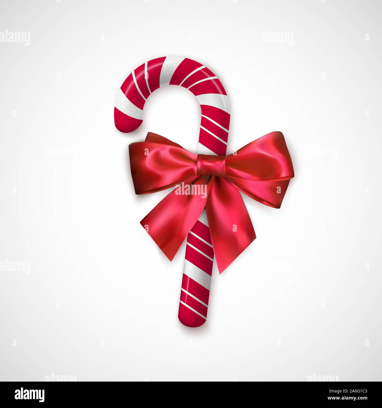 Striped Red and white Chrisrmas candy. Realistic sweet stick with silk bow. Confection for Christmas and New Year greeting cards design. Holiday decor Stock Vector