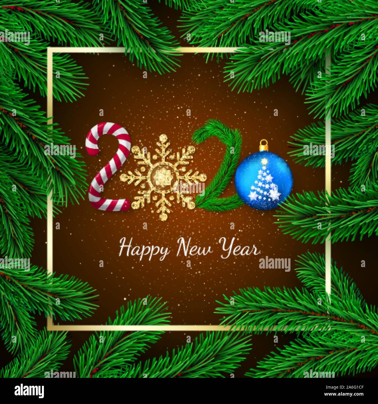 New Year 2020. Greeting card with 2020 lettering. Candy and golden glitter snowflake New Year tree branch and Christmas ball. Gold frame and pine bran Stock Vector