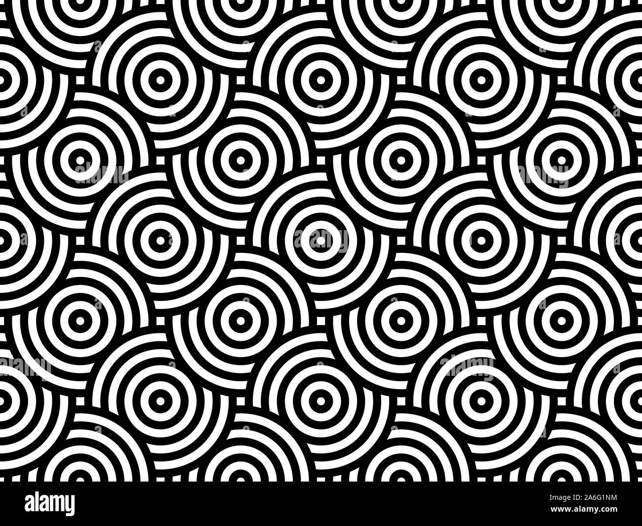 Black and white intersecting repeating circles pattern. Japanese style circles seamless background. Modern spiral abstract geometric wavy pattern. Stock Vector