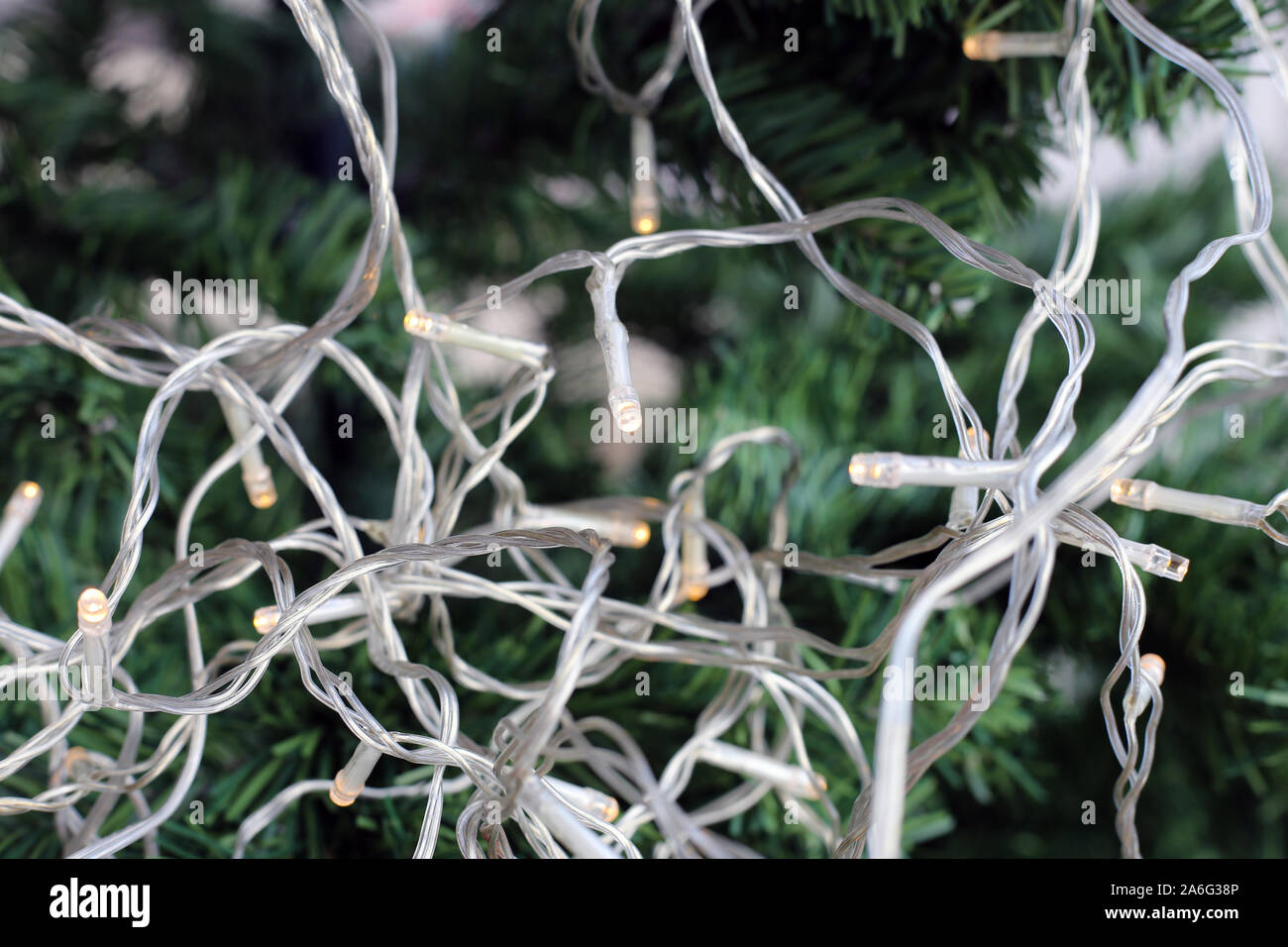 Christmas light strings on the Christmas tree. The string is transparent and the lights are small, light yellow led bulbs. Energy efficient! Stock Photo