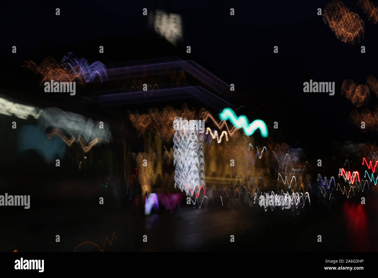 City of Helsinki, Finland during holiday season. Plenty of colorful lights in motion. Long exposure photo creating beautiful lights with movement. Stock Photo
