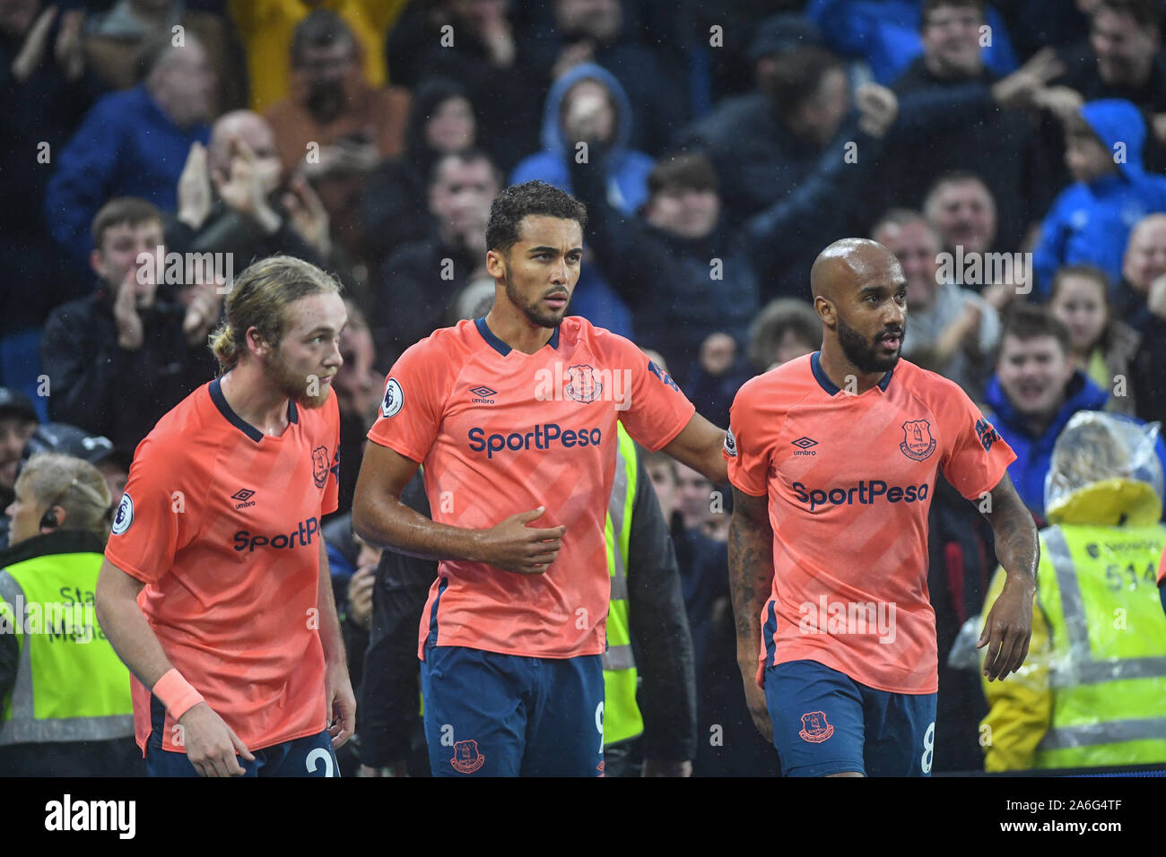 26th October 2019, American Express Community Stadium, Brighton and Hove, England; Premier League, Brighton and Hove Albion v Everton :Dominic Calvert-Lewin (9) of Everton celebrates his goal to make it 1-2 Credit: Phil Westlake/News Images Stock Photo