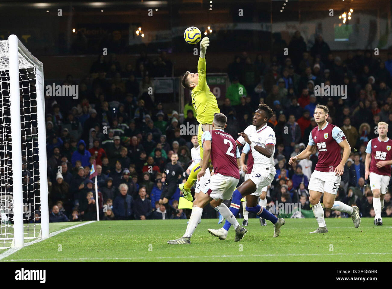 Burnley Uk 26th Oct 2019 Burnley Goalkeeper Nick Pope Misses Saving The Ball But Sees Matthew Lowton Of Burnley 2 Head It To Safety Premier League Match Burnley V Chelsea At Turf