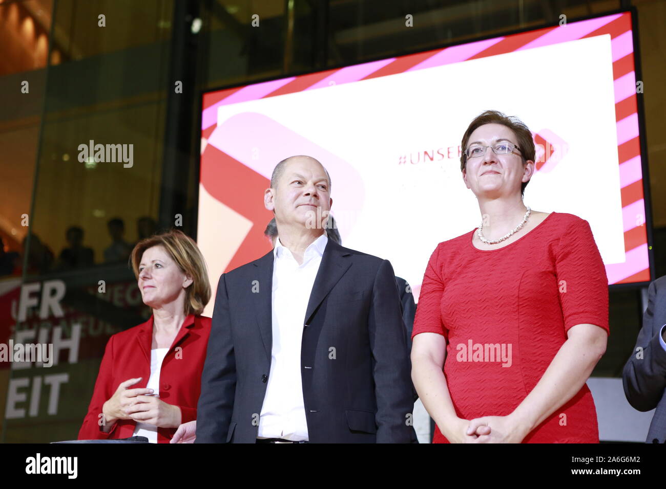 Germany, Berlin, 10/26/2019. Malu Dreyer, Olaf Scholz and Klara Geywitz in the SPD headquarters in Berlin. The SPD members elect Federal Finance Minister Olaf Scholz and Klara Geywitz just ahead of Norbert Walter-Borjans and Saskia Esken for the SPD presidency. The race for the SPD presidency goes into the runoff election in November: the two candidates will then be elected at the party congress. Stock Photo