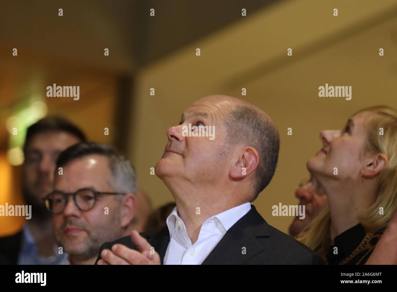 Germany, Berlin, 10/26/2019. Ditmar Nietan and Olaf Scholz in the SPD headquarters in Berlin. The SPD members elect Federal Finance Minister Olaf Scholz and Klara Geywitz just ahead of Norbert Walter-Borjans and Saskia Esken for the SPD presidency. The race for the SPD presidency goes into the runoff election in November: the two candidates will then be elected at the party congress. Stock Photo