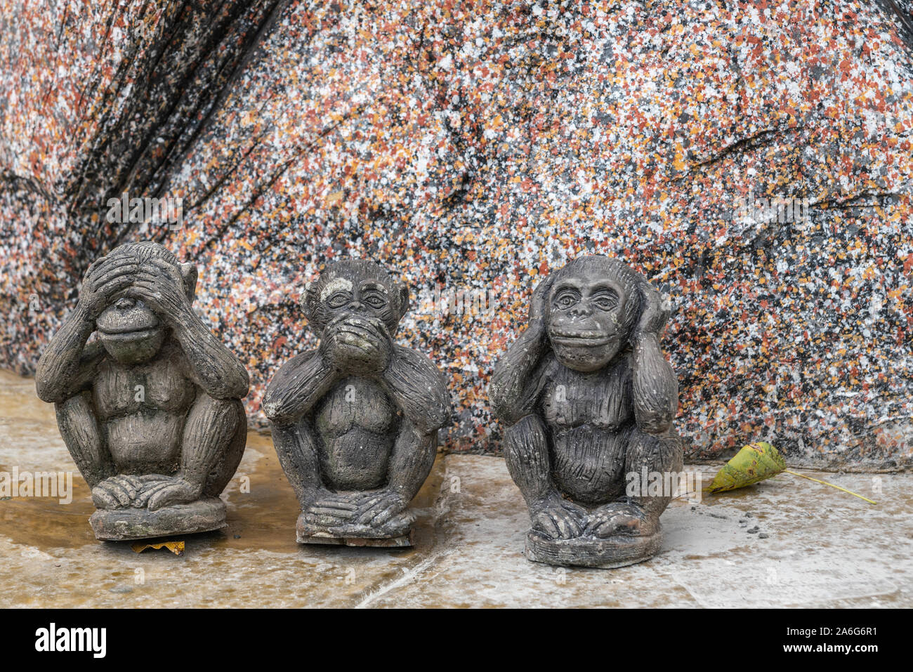 Ko Samui Island, Thailand - March 18, 2019: Wat Khunatam Buddhist Temple and monastery. Closeup of classic three wise monkeys statue: see no evil, hea Stock Photo
