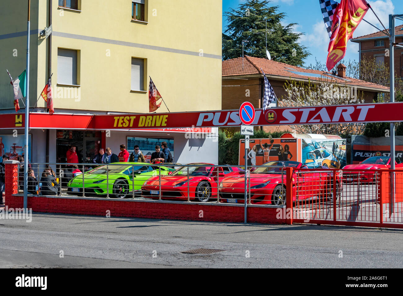 Maranello Modena Italy 27 March 2019: Ferraris ready for test . Rent ferrari test drive Maranello. Stock Photo