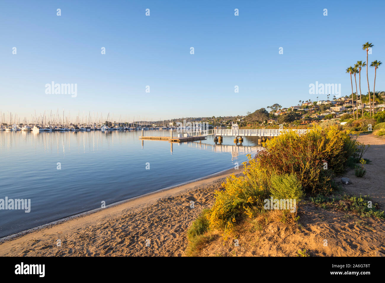 Harbor scene photographed from La Playa, which is a bayfront neighborhood in the Point Loma community of San Diego, California. Stock Photo