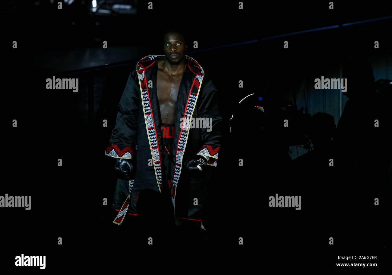 Lawrence Okolie before his EBU Cruiserweight title bout with Yves Ngabu (Black Trunks) at the O2 Arena, London. Stock Photo