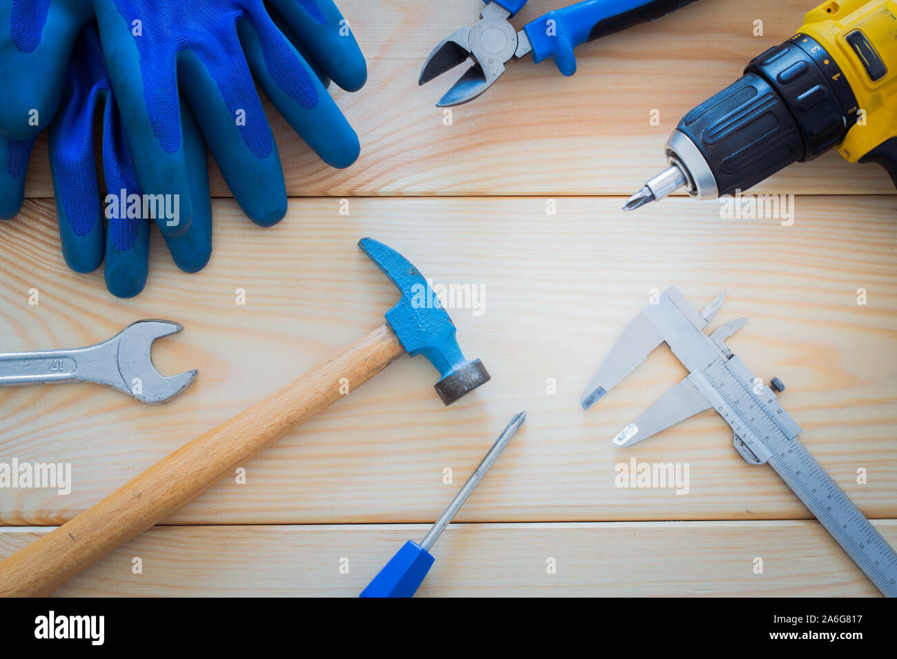 Workshop tools on a wooden board Stock Photo