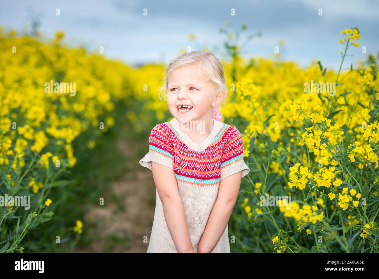 A beautiful little blonde girl in an oilseed rape field smiling ...