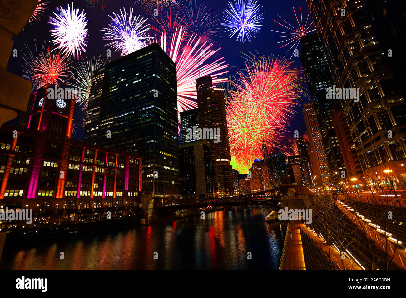 Chicago downtown with fireworks show at night Stock Photo Alamy