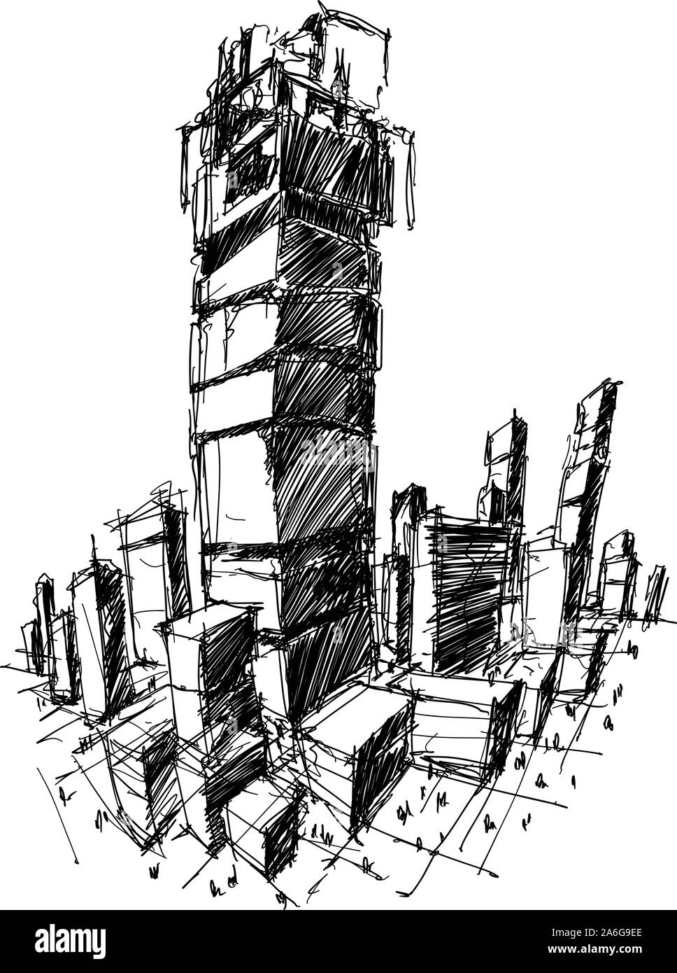 hand drawn architectural sketch of a modern city with high buildings ...