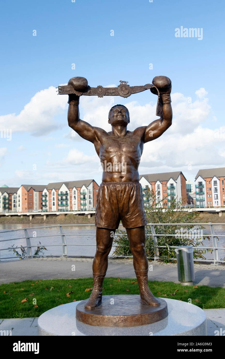 Statue of Boxer David "Bomber" Pearce on the Riverside Newport Gwent