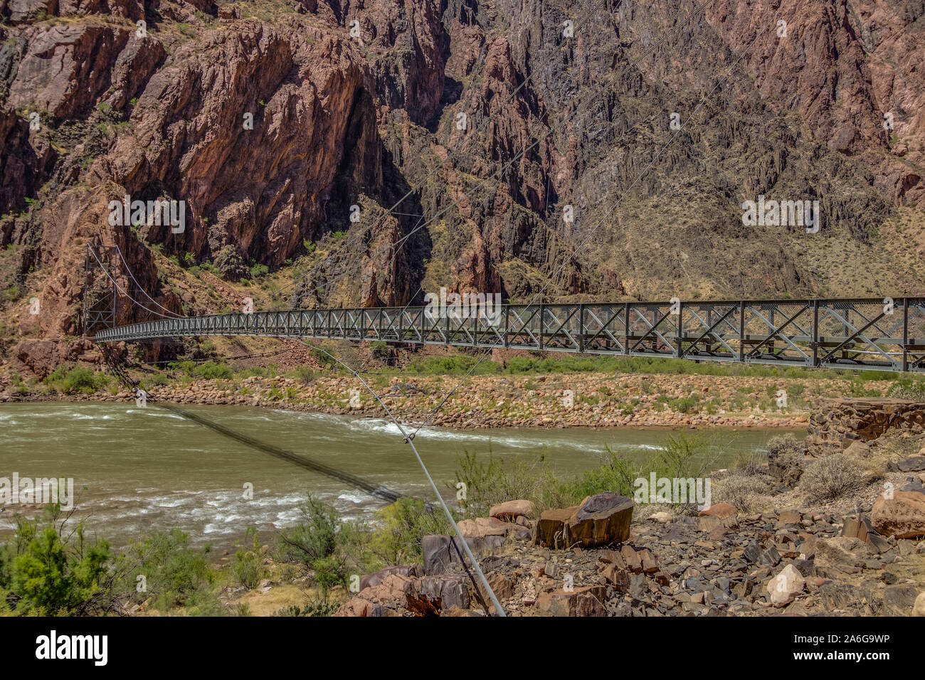 Silver Bridge across the Colorado River at the Bottom of the Grand Canyon on Bright Angel Trail and South Kaibab Trail near Phantom Ranch Stock Photo
