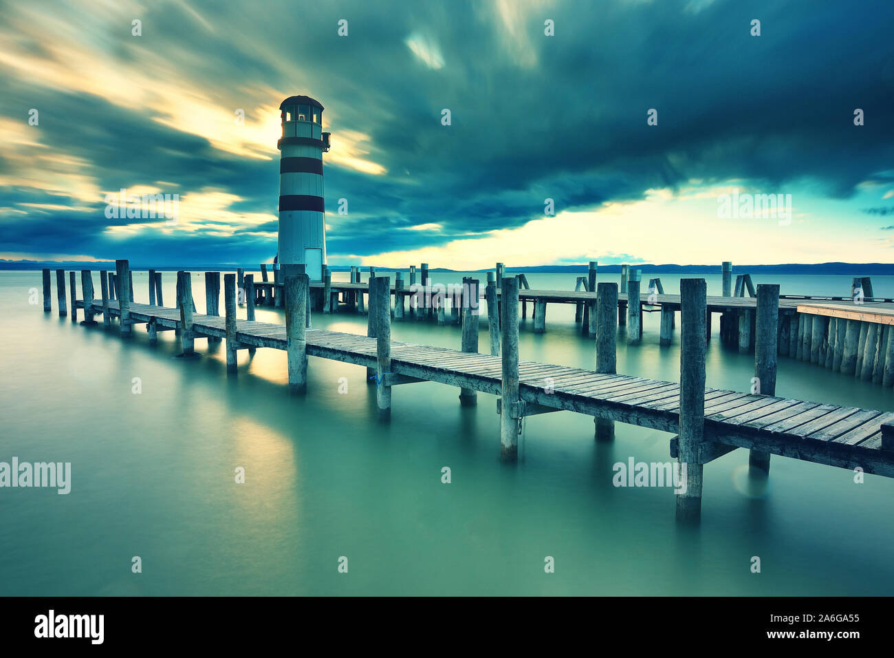 Autumn evening at lake Neusiedler See at the Austrian border and the ...