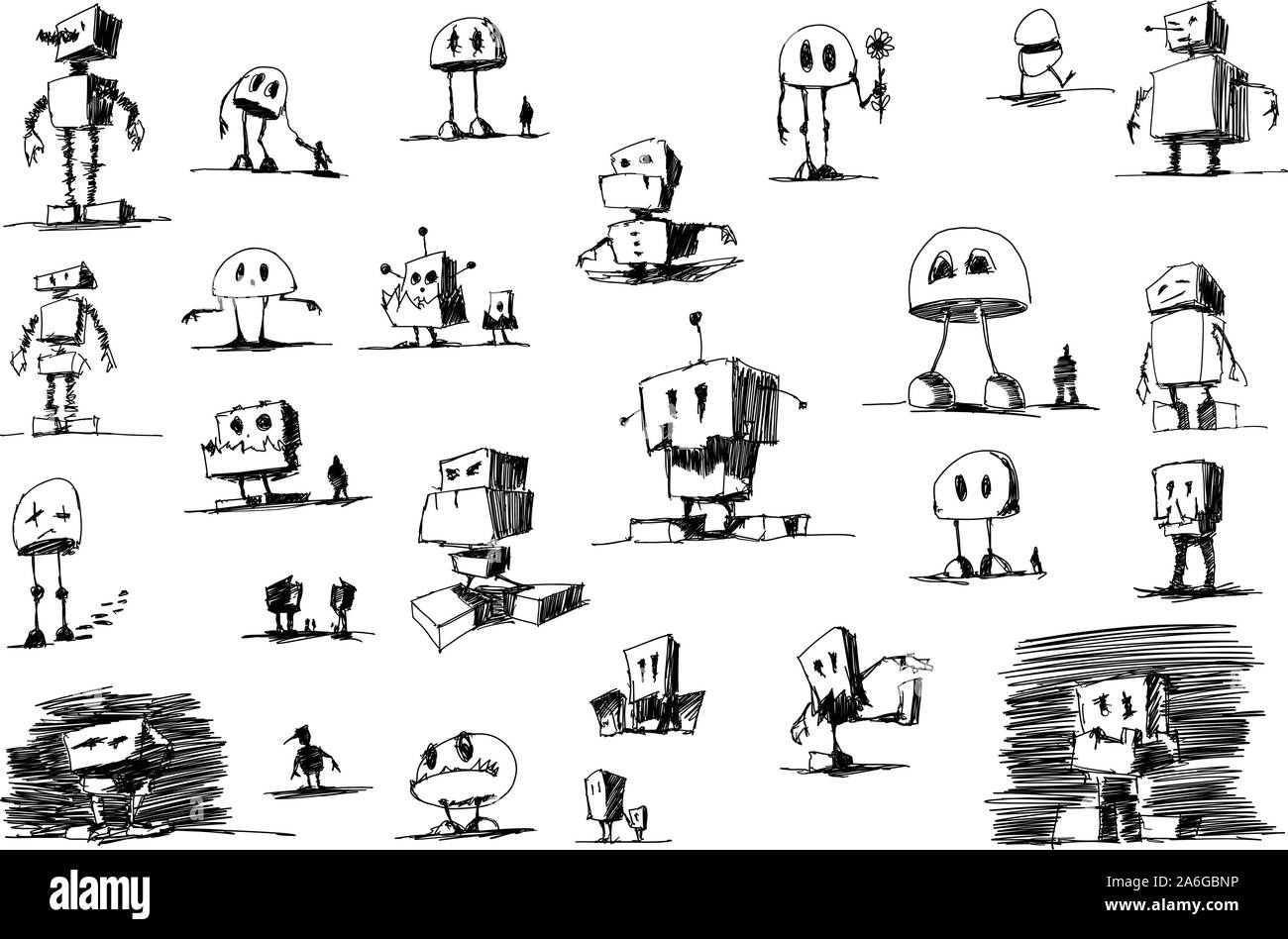 many hand drawn sketches and drawings of funny cartoon robots and androids Stock Vector