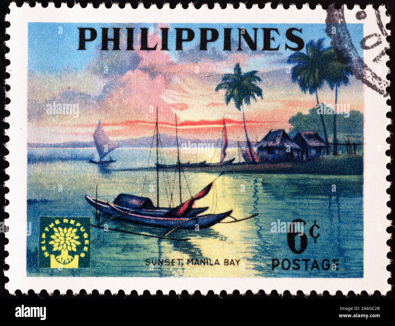 Sunset in Manila bay on stamp of the Philippines Stock Photo