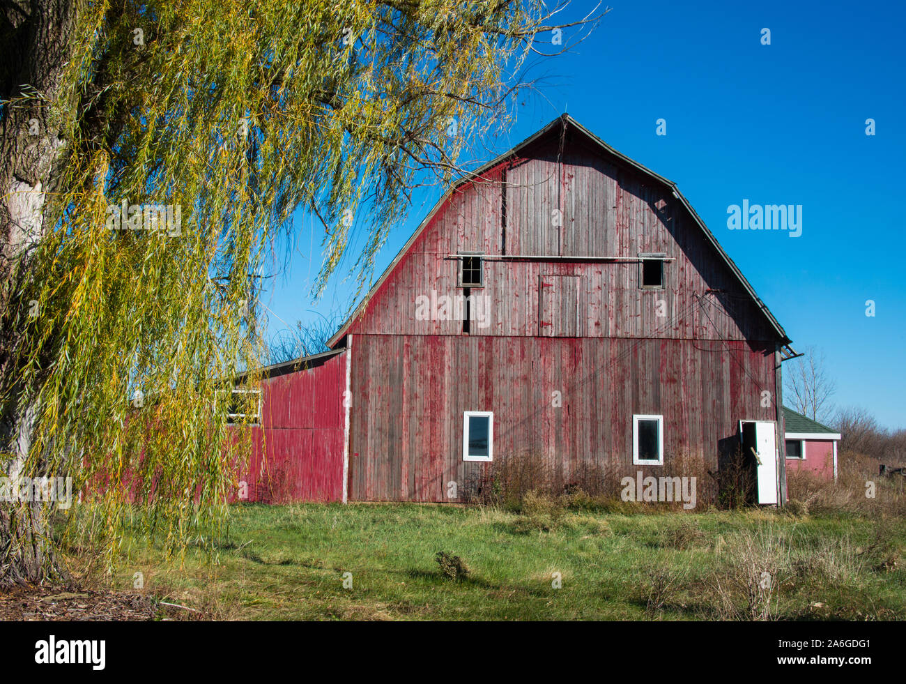 Old Faded Red Barn In The Summer Time Set Off By Blue Skies And A Green Weeping Willow Tree Memories Of Days Gone By Stock Photo Alamy