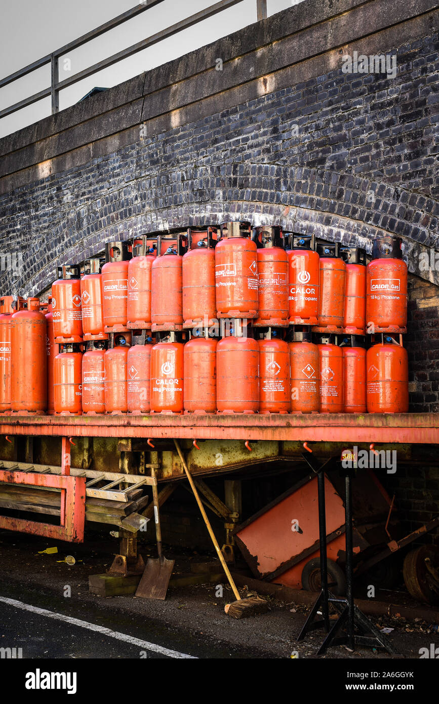 Calor gas bottles on a stantion, below a bridge, propane, recycling
