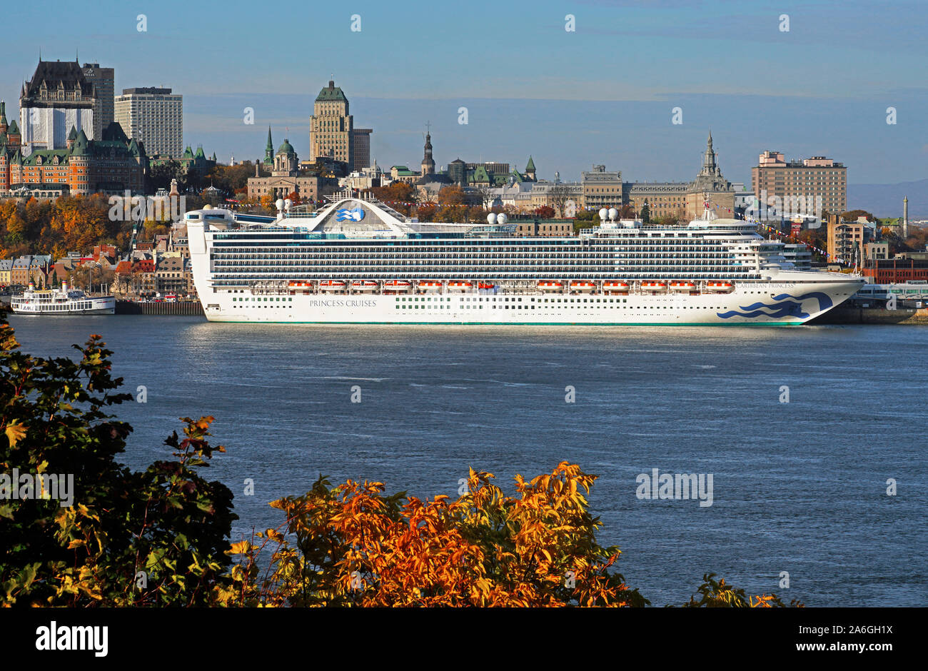Caribbean Princess cruise ship docked on St. Lawrence River at Quebec City on autumn cruise of French Canada Stock Photo