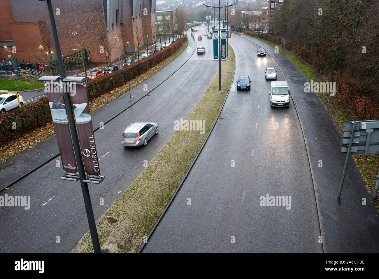 Cars travel on the A50 road into and from Hanley city centre Stock Photo