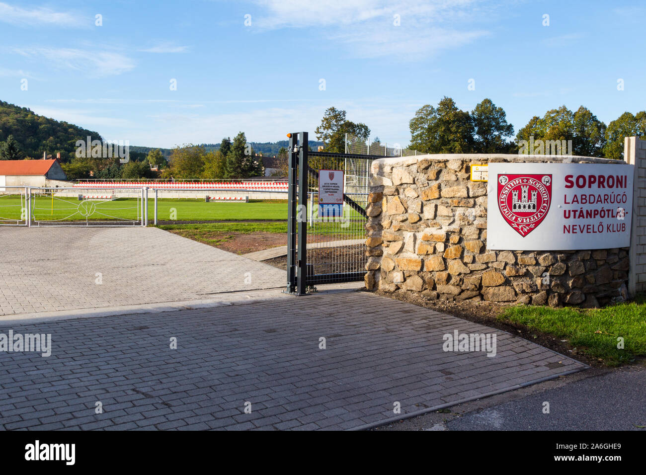 Entrance of Sopron Football Sport Club field, Agfalvi ut, Sopron, Hungary Stock Photo