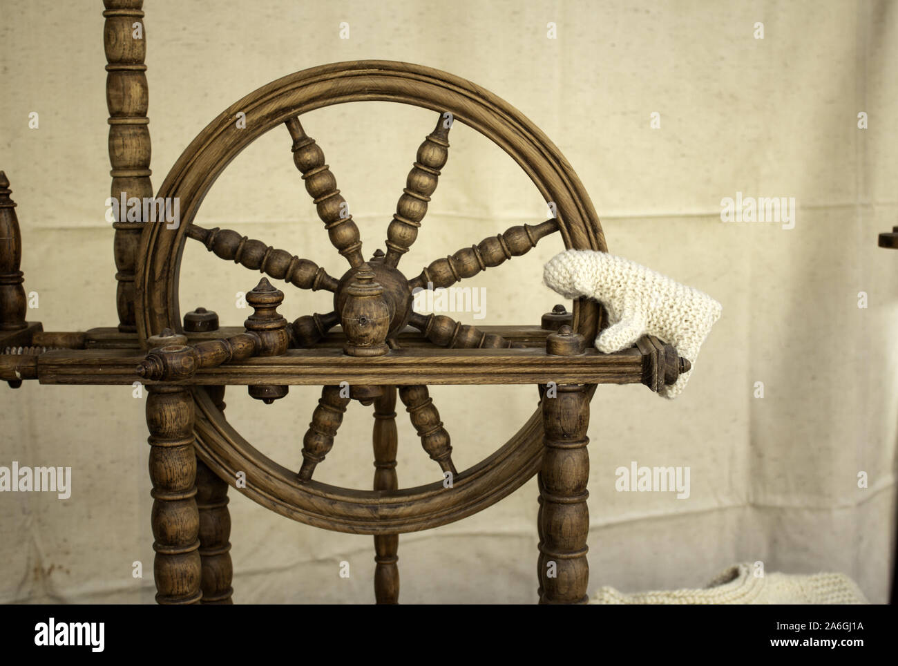 Spinning Wheel for Making Yarn from Wool Fibers. Vintage Rustic Stock Photo  - Image of distaff, historical: 111700304