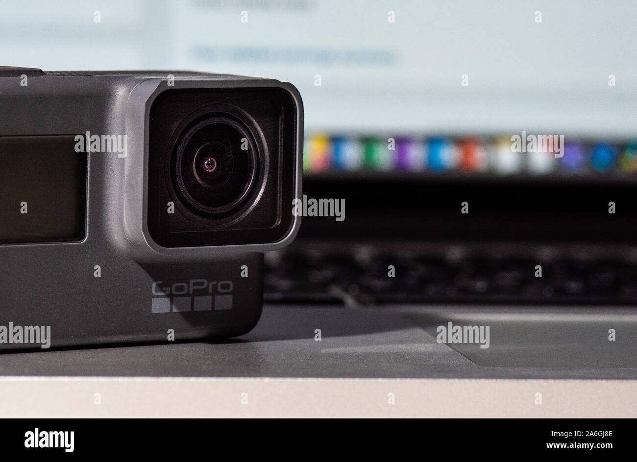 GoPro Hero 5, 6 black edition on a laptop ready to edit footage, Lying down  Stock Photo - Alamy